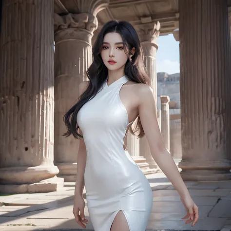 beautiful woman photo,  blue eyes, long, chocolate-colored hair ,  in white leather, slanted eyes,  perfect nose ,  beautiful lips,  with a beautiful body and a dress worthy of a goddess,  in an ancient Greek temple .