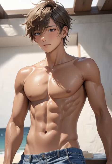 1 tanned skin idol boy, topless, seduced, best quality, 4k, 8k, highres, (masterpiece:1.2), ultra-detailed, (photo realistic:1.4),