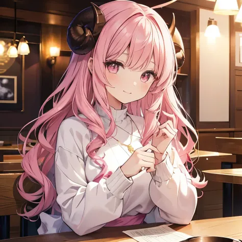 An anime-style close-up illustration of ‘Fua-chan’ smiling warmly in a stylish and cozy restaurant. Fua-chan has long pink hair styled in soft curls resembling sheep’s horns, and her pink eyes sparkle with joy and charm. She is depicted with a gentle, chee...