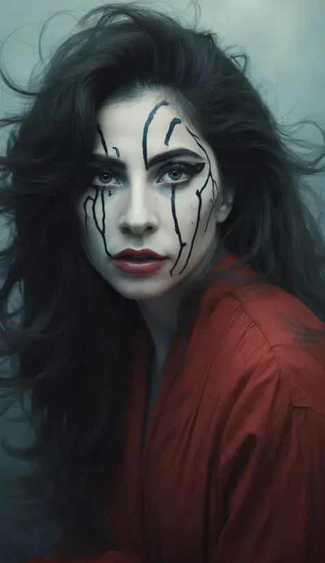 Lady Gaga long black hair with creepy black veins running down her face and a red blouse is looking at the camera,  a portrait inspired by Louisa Matthíasdóttir ,  pexels contest winner  , Gothic art,  of a dark witch , mysterious moors behind her,  still ...