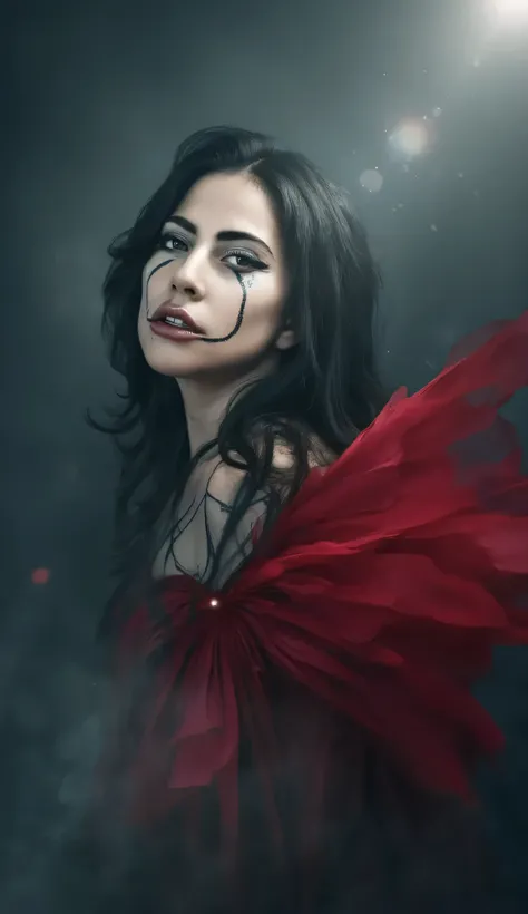 Lady Gaga long black hair with creepy black veins running down her face and a red blouse is looking at the camera,  a portrait inspired by Louisa Matthíasdóttir ,  pexels contest winner  , Gothic art,  of a dark witch , mysterious moors behind her,  still ...