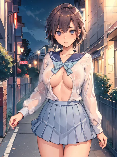 masterpiece,  top quality ,  High Definition ,   short hair,  sailor suit、 College Student 、 Miniskirt 、 light blue bra、Light blue panties、 standing,  cowboy shot,  outdoors on the street at night,  ahehe,nsfw,Meaty thighs、 Big Breasts 、 embarrassed expres...