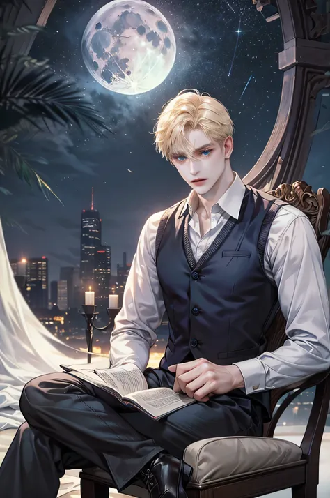 masterpiece, best quality, 1 man (solo), light blonde hair, blue eyes and pale skin. Wears a white shirt and waistcoat. Sitting down. Midnight. Dark. Moon.