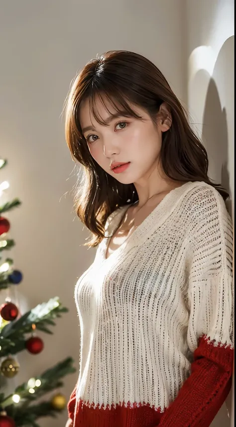 Top quality, one beautiful woman, wearing red V-neck Sweater, Christmas, 35mm lens, f/1, cowboy shot, (white background: 1.3), flat chest, looking at viewer, from below
