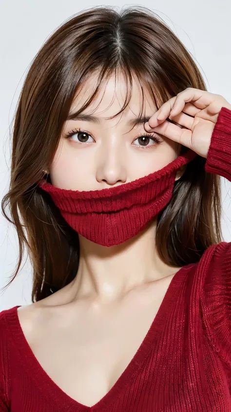 Top quality, one beautiful woman, wearing red V-neck Sweater, Christmas, covering face, 35mm lens, f/1, upper body, (white background: 1.3), flat chest, looking at viewer, from below
