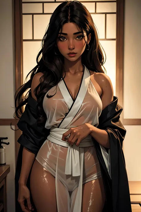 23 year old woman with brown skin, brown almond eyes, long black hair, half-japanese, in a see through robe, portrait, soap girl