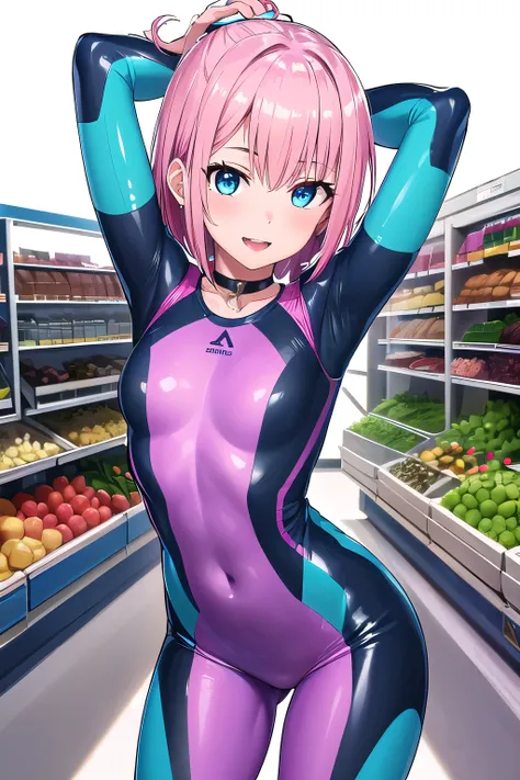 1girl,Samus aran,solo,blue eyes, pink hair, forehead hair, Rainbow glossy rubber suit, white sneakers, silver holographic backpack, short pixie haircut, bold red lipstick, silver choker necklace, chastity belt , playful and confident pose, bright and cheer...