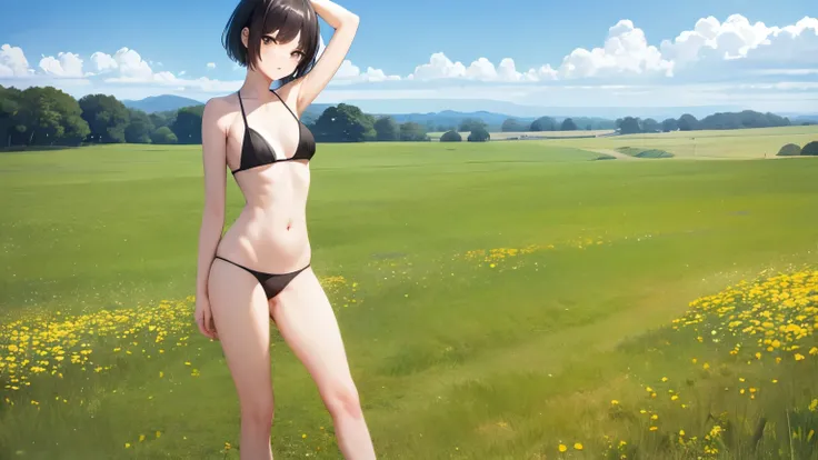 One girl, short black hair, white skin, white bikini, meadow, blue sky, weather, no clouds, full body shot, slender, standing, high quality, correct body sketch,