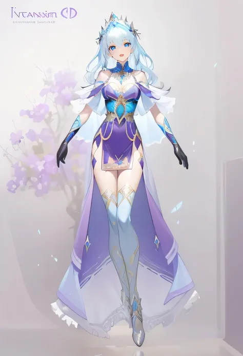 high definition , very detailed, Masterpiece, high quality, a drawing of a woman in a purple dress and a purple cape, concept art inspired by Kieran Yanner, blue hair, trending on cg society, fantasy art, clothed in ethereal armor, clear outfit design, out...