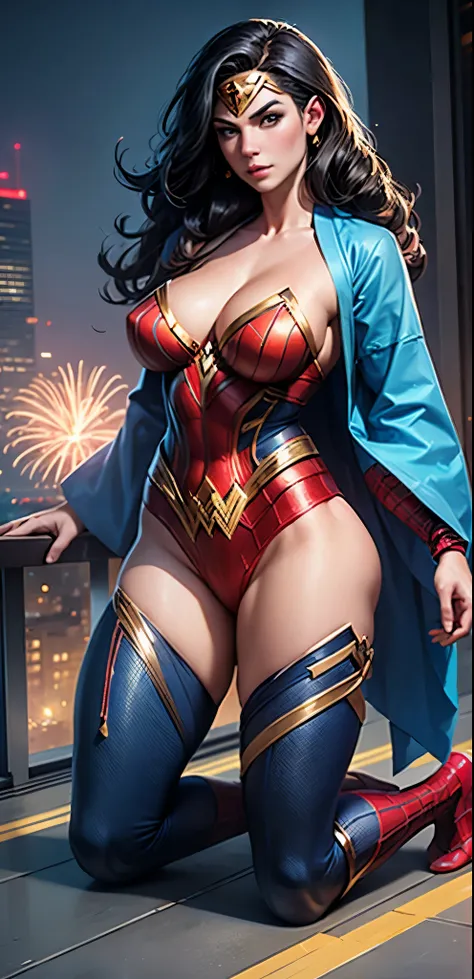 full body，whole body， The kneeling woman，Woman in kimono dressed as Wonder Woman，Rooftop， Sexy Body，big natural breasts，busty body，perfect body，Model，focus on the Models figure，Look at the Model from below，The whole picture is a perfect body，perfect body， ...