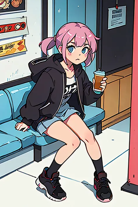 cartoon girl holding a cold drink and a cold drink,  soda-themed girl,  anime girls drink energy drinks , she is wearing streetwear,  city girl fan art , Mysterious coffee shop girl ,  Lofi Girl ,  Portrait of , With a straw,  girl wearing hoodie , Full bo...