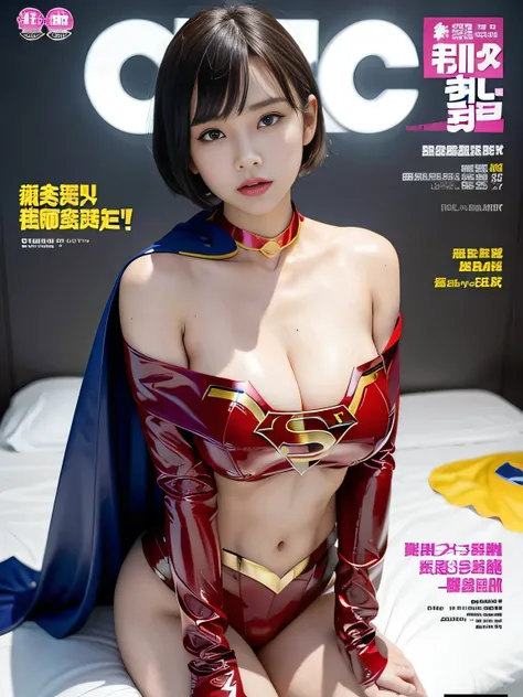 masterpiece、 latex supergirl costume 、 off-shoulder、Ultra short hair、 Big and Rich Breasts 、 sweaty and shiny skin 、Look directly into the camera、 choker 、Provocative cleavage、 Long Sleeve 、Cape、Glamorous bare legs、 in front of laboratory equipment in hosp...