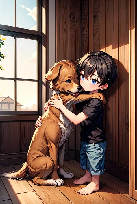 The boy and his dog his hug the dog inside to boy house.