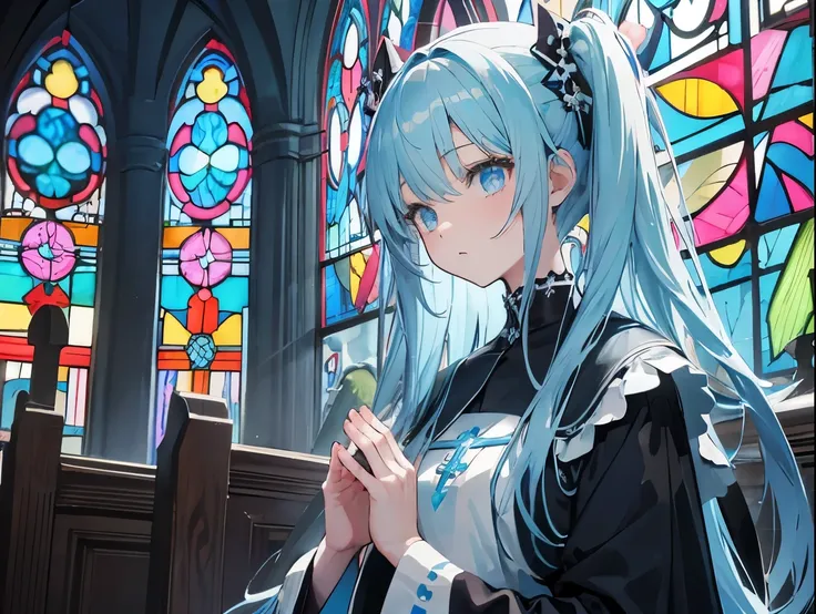  Light Blue Long Hair 、, a girl with a twin-tail hairstyle 、Sisters in black and white costumes、 closeup 、 a bright church with beautiful stained glass、There is a statue of Mary in the center 、 beautiful sisters praying 