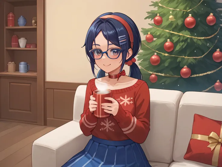 score_9,score_8_up,score_7_up, solo, 1 girl, dark blue eyes, dark blue hair, braids hair, red hairband, choker, red sweater, blue skirt, hair ornament, sweet smile, blush, blushing, glasses,New Years atmosphere, Santa Clauss clothes, New Years tree in the ...