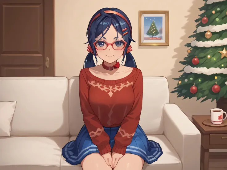 score_9,score_8_up,score_7_up, solo, 1 girl, dark blue eyes, dark blue hair, braids hair, red hairband, choker, red sweater, blue skirt, hair ornament, sweet smile, blush, blushing, glasses,New Years atmosphere, Santa Clauss clothes, New Years tree in the ...
