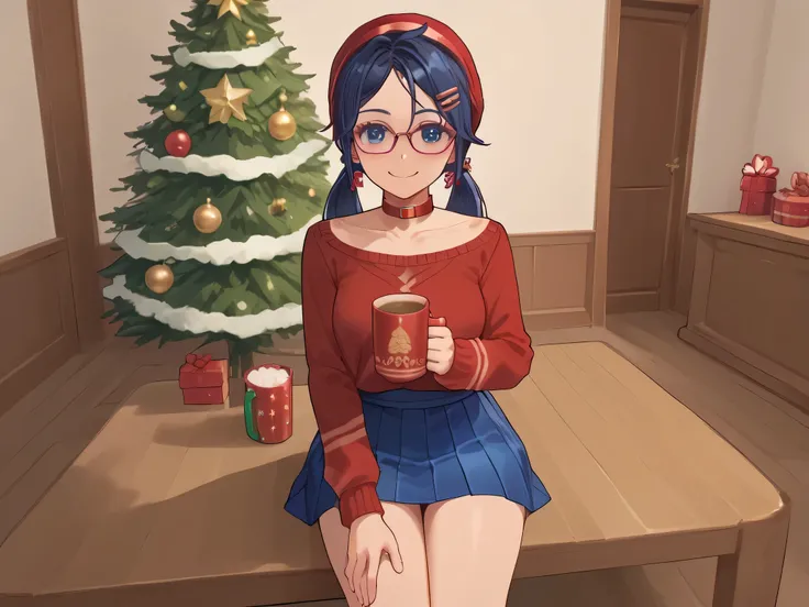 score_9,score_8_up,score_7_up, solo, 1 girl, dark blue eyes, dark blue hair, braids hair, red hairband, choker, red sweater, blue skirt, hair ornament, sweet smile, blush, blushing, glasses,New Years atmosphere, Santa Clauss clothes, New Years tree in the ...