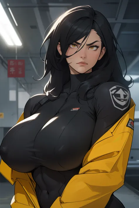 angry girl pale skin (((muscular girl high details))) (((thick))) (((gigantic breasts intricate details))) pilot suit bodysuit black hair yellow eyes very long hair very long hair very long hair