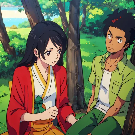 Huey talking to jasmine under a tree, the boondocks, dark skinned anime characters