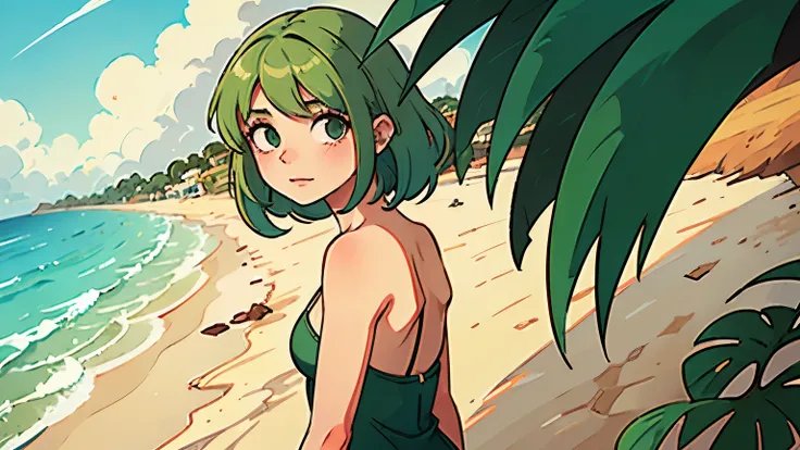 a girl with green hair in the beach in bossa nova vibes, obra-prima