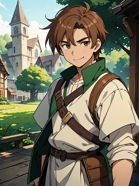 image of better quality, anime style, medieval fantasy style, an adult man, with fair skin,  with brown eyes,  with light brown hair, with medium size hair ,  wearing green and white clothes, smiling with your mouth closed, Scenario of a daily village .
