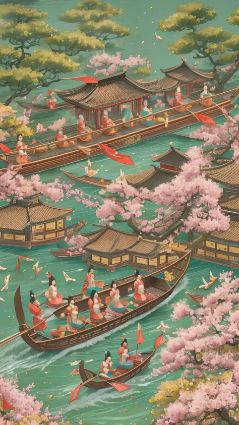  full body high definition image ,Dragon Boat Festival ,  There are 3 ren on the surface of the water wearing kimonos riding a dragon boat,  There are delicious rice dumplings on the boat , green zongzi are  super detailed ,  top quality , There are peach ...