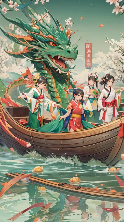  full body high definition image ,Dragon Boat Festival ,  There are 3 ren on the surface of the water wearing kimonos riding a dragon boat,  There are delicious rice dumplings on the boat , green zongzi are  super detailed ,  top quality , There are peach ...