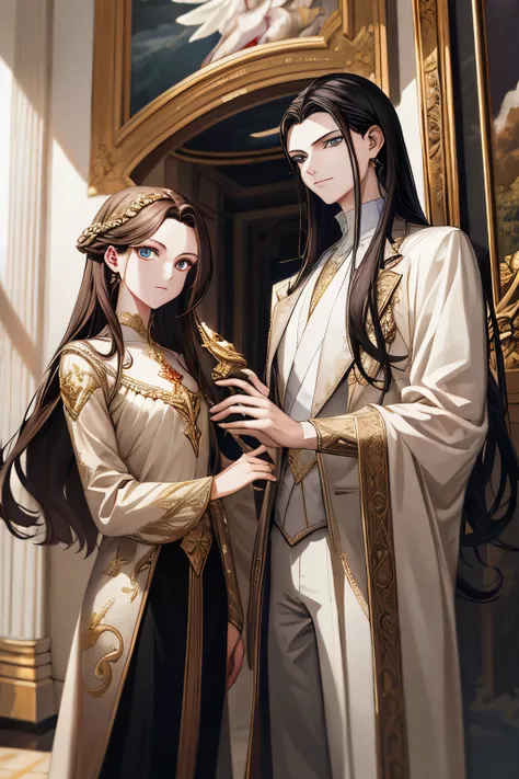 (absurd, high resolution, ultra detailed), When I noticed a painting on the wall.
It was a portrait of my family.
Zephyr stood beside. Valendrya. Her Dark hair and golden eyes highly resembled me. 
I stood in front of her With Valsendrake and Icarus standi...