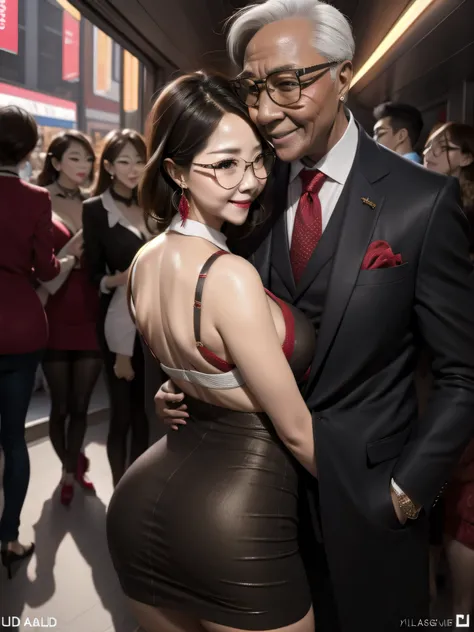 A beautiful woman wearing a revealing skirt suit, her elderly husband hugged and kissed her from behind in the crowded crowd, UHD, masterpiece, textured skin, super detail, best quality, 8k.