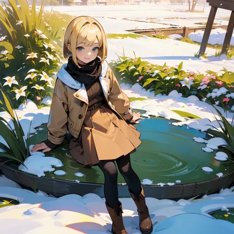 ( High Quality ,  High Definition , Very detailed, reality:1.37), Peaceful atmosphere, (Outdoor, garden ,snow),  teenage girl standing alone, Beautiful details,  cute smile, (Blonde Bob ), Ribbed sweater,Brown skirt, Black tights,  brown boots .