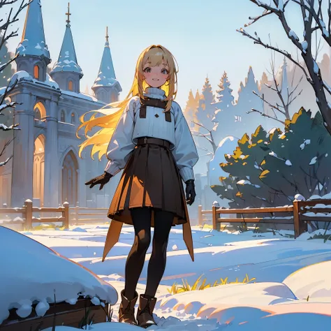 ( High Quality ,  High Definition , Very detailed, reality:1.37), Peaceful atmosphere, (Outdoor, garden ,snow),  teenage girl standing alone, Beautiful details,  cute smile, (Blonde Bob ), Ribbed sweater,Brown skirt, Black tights,  brown boots .