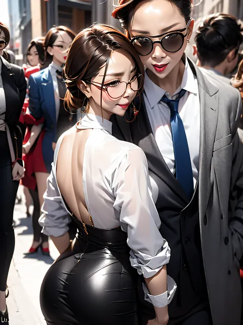 A beautiful woman wearing a revealing skirt suit, her elderly husband hugged and kissed her from behind in the crowded crowd, UHD, masterpiece, textured skin, super detail, best quality, 8k.