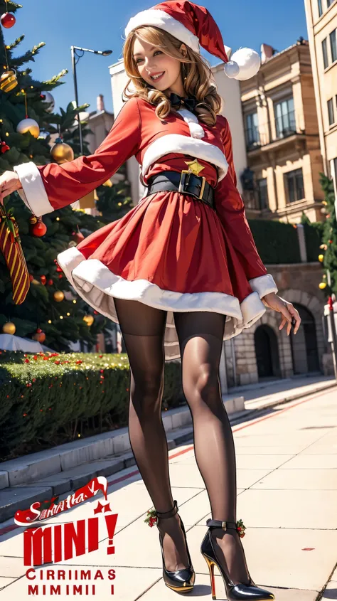 (((   top quality ))),   thin thighs ， long legs ，(  One Girl :1.3),( Im wearing a long flared skirt dress with black pantyhose and high heels ：1.3),( Santa Claus mini flared skirt dress:1.5),  Wear Blonde and Curly  :1.2、  beautiful smile:1.5，A skirt with...