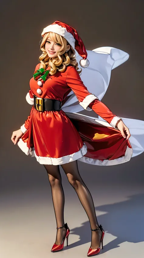 (((   top quality ))),   thin thighs ， long legs ，(  One Girl :1.3),( Im wearing a long flared skirt dress with black pantyhose and high heels ：1.3),( Santa Claus mini flared skirt dress:1.5),  Wear Blonde and Curly  :1.2、  beautiful smile:1.5，A skirt with...