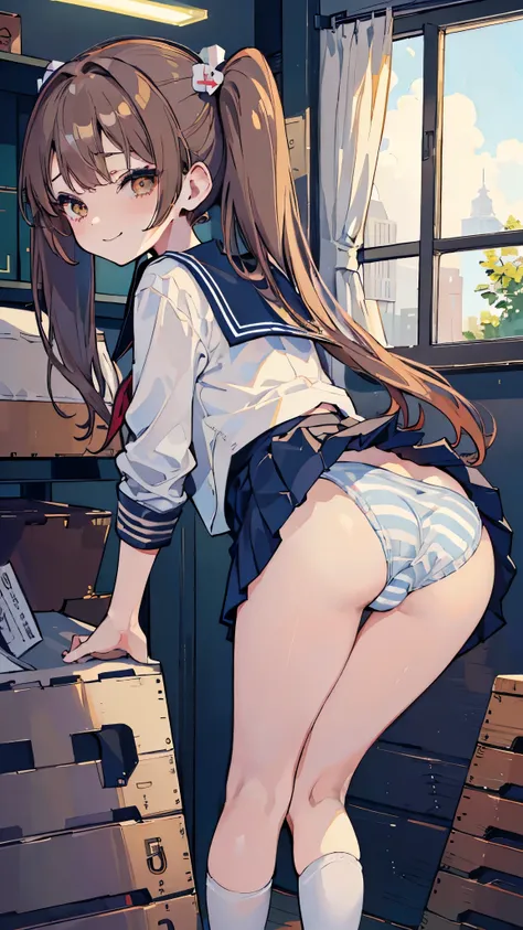 ((masterpiece、 top quality 、 very detailed))、 One Girl 、Brown Hair、 long hair、twintails、 brown eyes、evil smile、 small breasts、(( sailor suit))、(( navy blue pleated skirt))、((skirt lift))、((stripe panties))、 cowboy shot、((bent over))、Turn around、Turn your b...