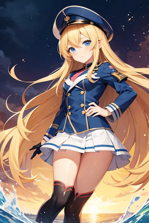  anime girl  with long blonde hair and blue eyes in uniform,  Kantai Collection style ,  Official Art work,   Anime Moe Art Style  , young  anime girl ,  Cute Girl Anime Visual ,  splash art anime loli, Beautiful Anime High School Girl, maAlso kitagawa fan...