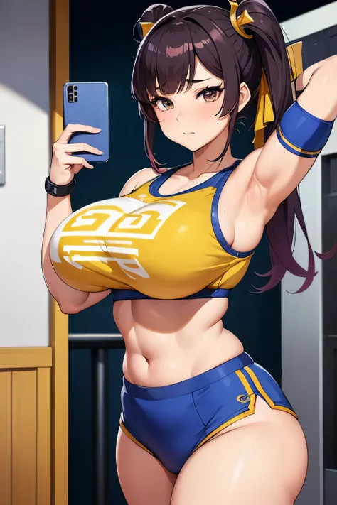 Woman taking a photo wearing a cheerleader uniform,  boobs,  Seductive Anime Girls , Chun-Li in the Gym, Naughty, maAlso kitagawa fanart, Big Breasts, Big Breasts!, thick,  for , Also, kda, Naughty anime style, biomechanical  boobs, Ayaka from Genshin Impa...