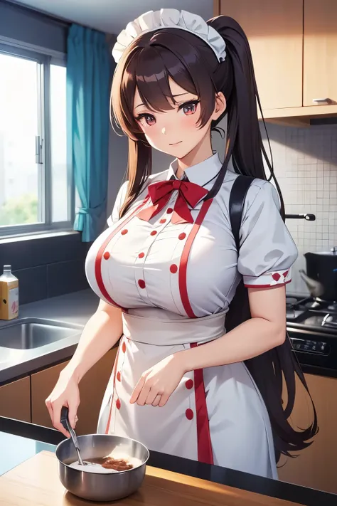 anime girl in uniform cooking   in the kitchen with a pan, cooking,  in the kitchen, hyper realistic high school girl , a hyper realistic high school girl ,  Seductive Anime Girls ,  realistic high school girl ,  boobs, cooking it up,   in the kitchen, Kat...