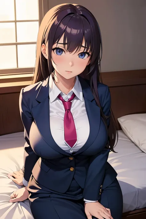 anime girl in suit and tie sitting on bed,  realistic high school girl , a hyper realistic high school girl , hyper realistic high school girl , Big Breasts,  Seductive Anime Girls , ( software ) safe for work,  boobs, Big Breasts!, JK uniform, Dressed in ...