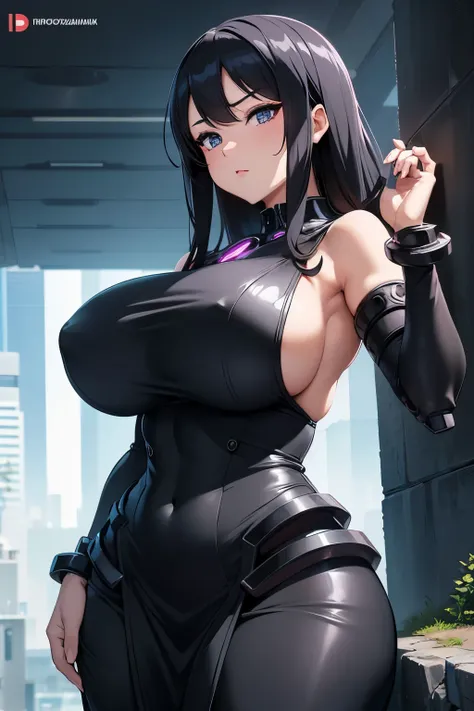 A woman in a black dress with large breasts is posing,  Seductive Anime Girls ,  boobs,  clevis on a stone, Cover your chest、SFW, biomechanical  boobs, Big Breasts!,  beautiful charming anime woman , sfw huge breasts, Anime Goddess, [   4k Digital Art   ]!...