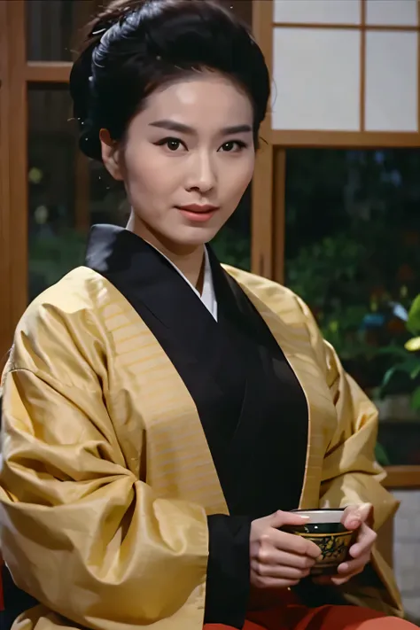 (masterpiece,  top quality :1.2), A Japanese transcendent beauty wearing an ocher-colored kimono and a brown belt、 sitting in a folding room and drinking matcha in a black bowl 、 tea ceremony set are arranged on the folding mat in the foreground 、Shoji and...