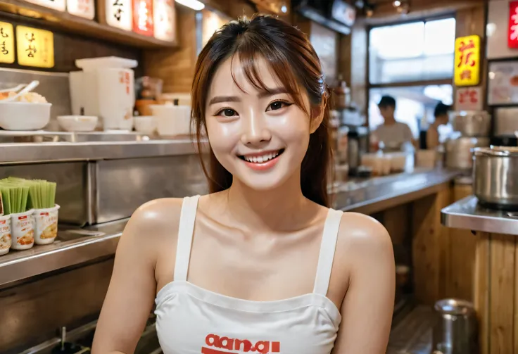 Realistic photo of (1cute Korean actress), tank top, in ramen shop, smiling, Canon EOS, clear facial features, close up portrait, cinematic mode, 8K