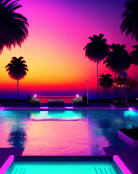 Vaporwave Aesthetic,glitched digital art,retro futuristic landscape,neon lights,sunset,Japanese characters,palm trees,80s style,chrome statues,low-polygon sculptures,lo-fi vibes,aesthetic vaporwave color palette: (best quality,4k,8k,highres,masterpiece:1.2...