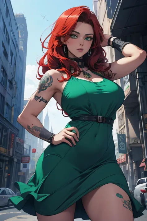 In Ayami Kojima style anime, a beautiful woman, long curly red hair, thick thighs, green eyes, she has some tattoos, wearing a blue dress, making a pose, cyber punk city in the background, soft lighting, very detailed