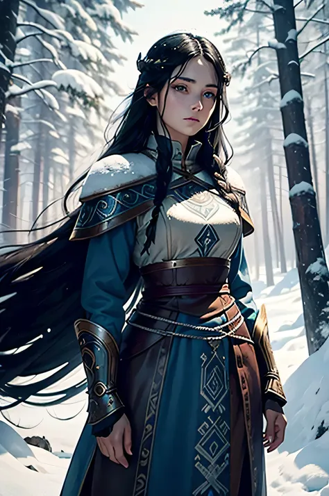 A Beautiful viking woman with fair complexion, blues eyes, and long black hair blowing in the wind. Standing in the middle of a snow covered forest with a shield on her back.