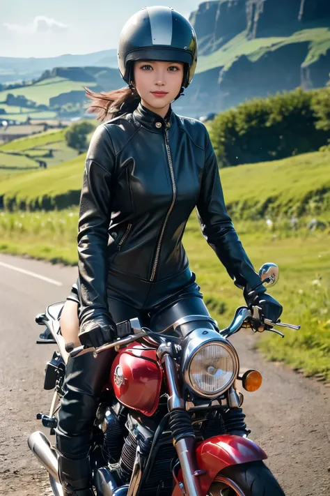 (A young female rider speeds along on a motorcycle)、Vintage Bikes、Bluff Superior SS100、Isle of Man Races、Leather jumper、Cromwell helmet with goggles、After the Rain、English countryside、(Highest quality, masterpiece, High resolution)、8k、wallpaper