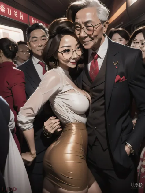 beautiful woman wearing a revealing skirt suit, her elderly husband hugged and kissed her from behind in the crowded crowd, UHD, masterpiece, textured skin, super detail, best quality, 8k.