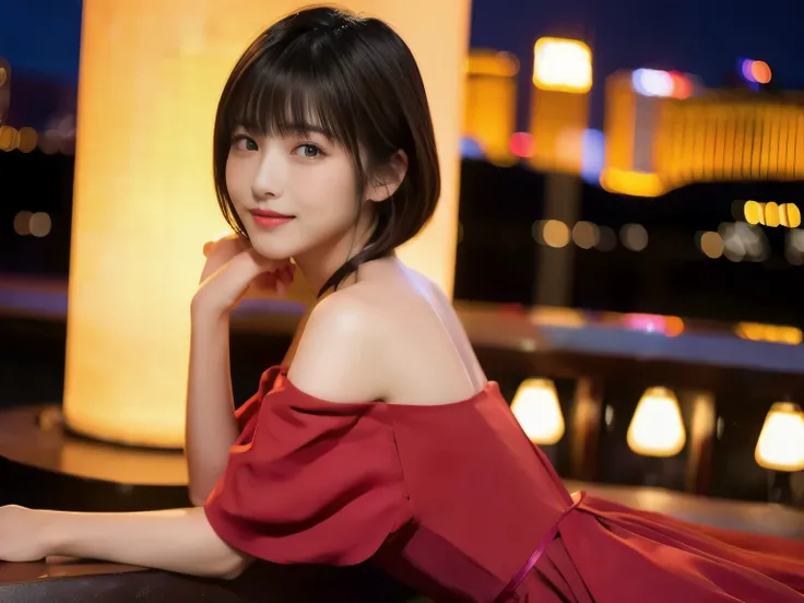 highest quality、8k wallpaper、Reality:1.4、Photographed by a professional photographer、Cinema Lighting、View your viewers、background:las vegas at night、1 beautiful girl、Japanese Idol、19 years old、Beautifully detailed eyes、Detailed face、Beautiful Skin、Slender、...