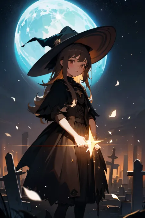  One girl , wizard,Skin is brown, brown skin, shorts, Black Gothic Dress ,Black witch hat, standing,Front,(A lot of stars are shining ),Rain of light, lots of stars,Countless Stars,Petals Fly Through the Air ,Art Deco, color field painting ,Rococo, chiaros...