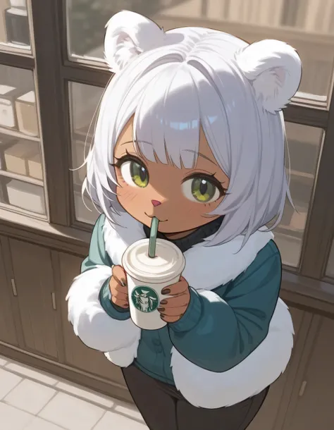 alone, score_9, score_8_above, score_7_above, Anthropomorphic Female Noelle deltarune, Wearing winter clothes , huge , Cute, in a coffee shop , afternoon, Beauty view